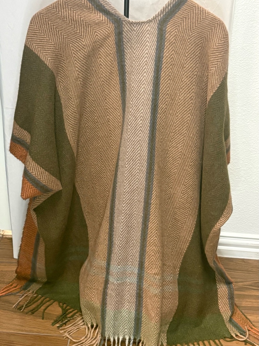 Vince Camuto Olive Green, Camel & Rust Herringbone Fringe Wrap - Picture 3 of 3